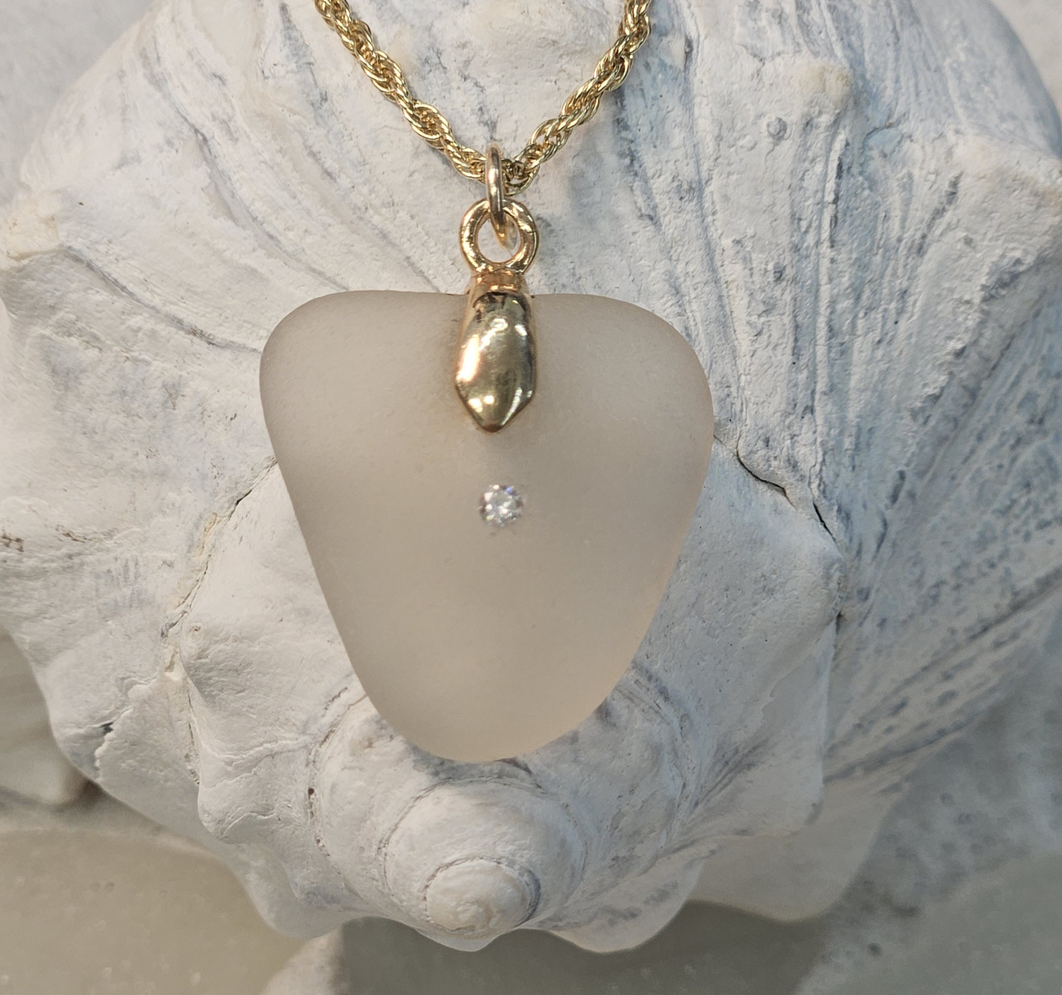 Diamond Studded Sea Glass Pendant on Gold Filled Bail