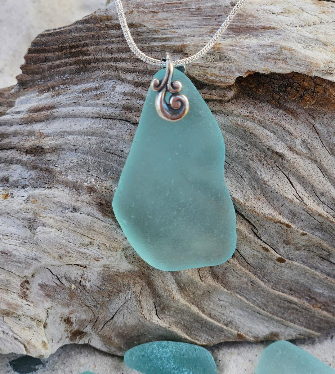 Large Blue-Green Pure Sea Glass Pendant