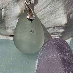 Oval Shaped Sea Foam Sea Glass Pendant with Diamond Inlay