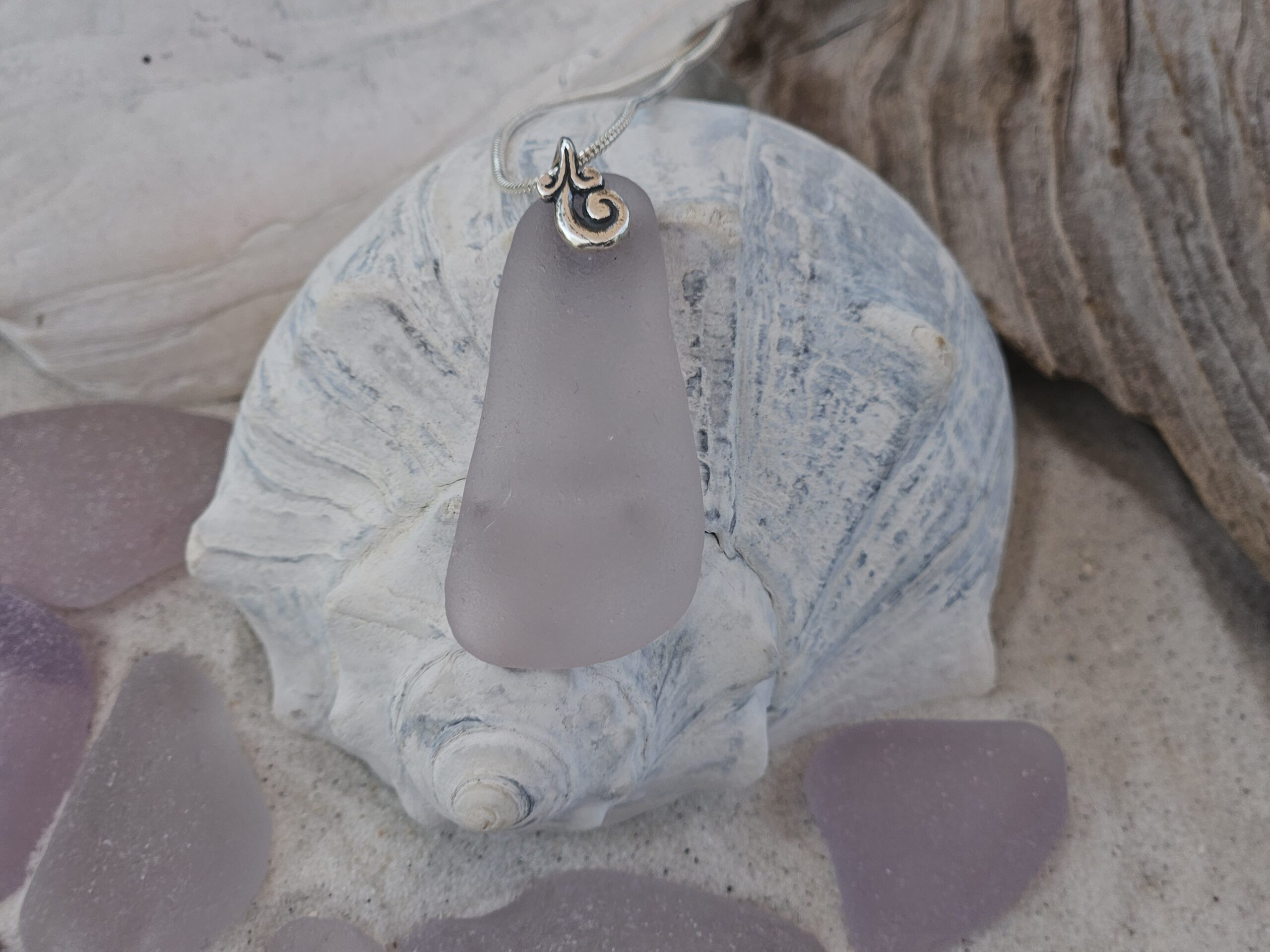 Gorgeous Long Lavender Sea Glass Pendant with Swirl Bail