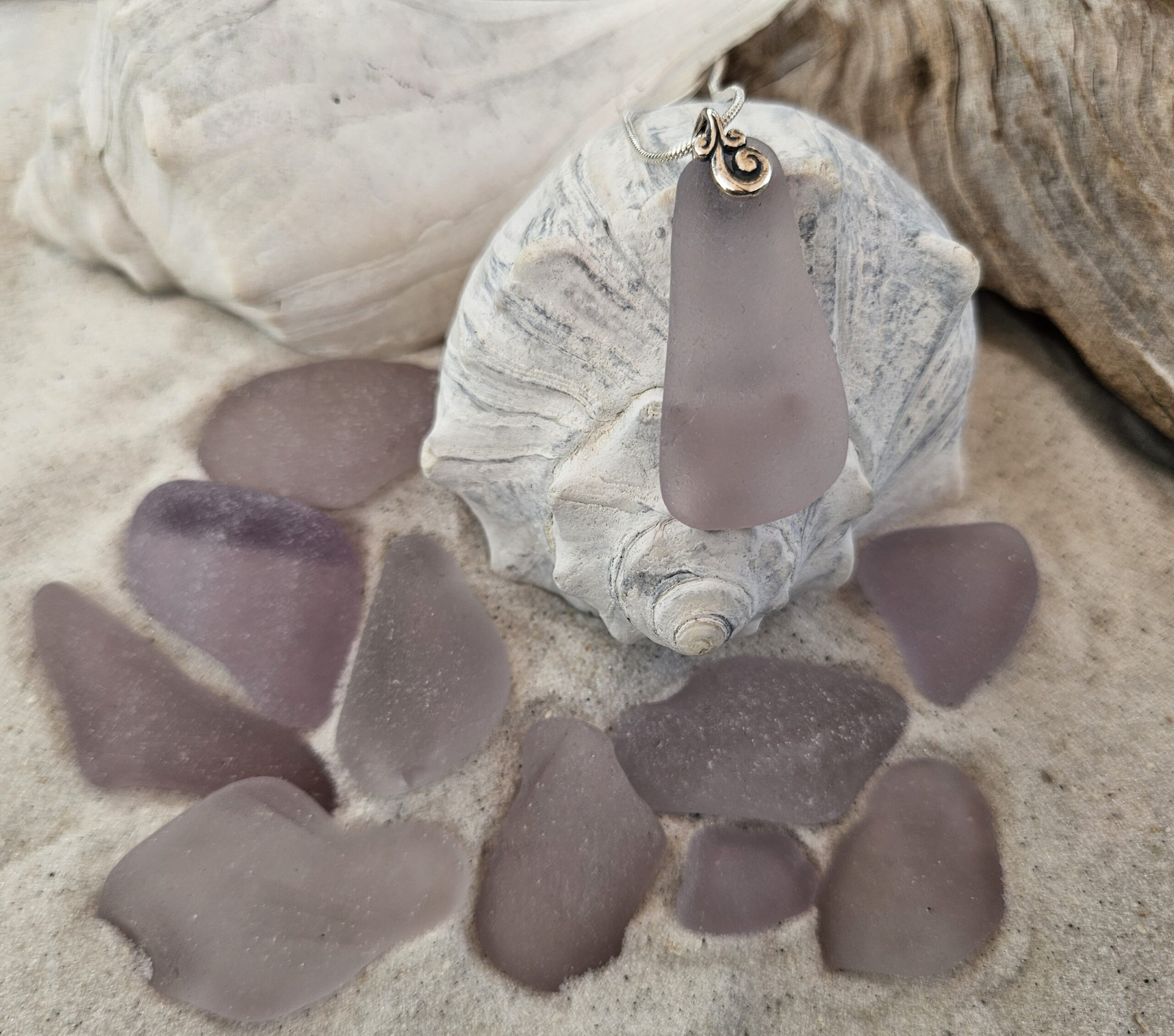 Gorgeous Long Lavender Sea Glass Pendant with Swirl Bail - Image 2