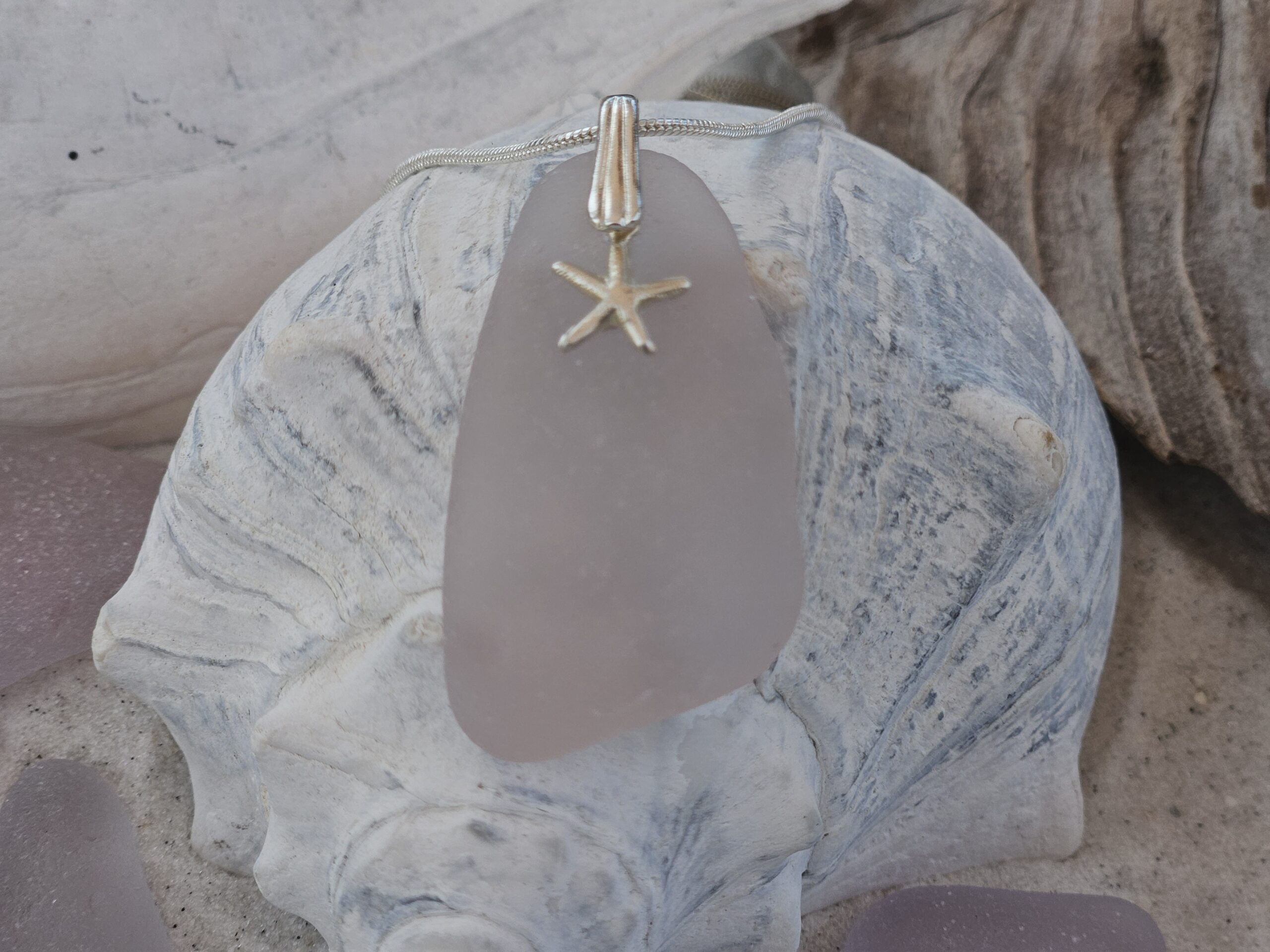 Beautiful Lavender Sea Glass Pendant with Silver Starfish