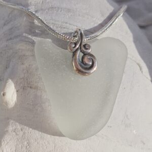 Whitish Grey Sea Glass Pendant with Silver Swirl Bail
