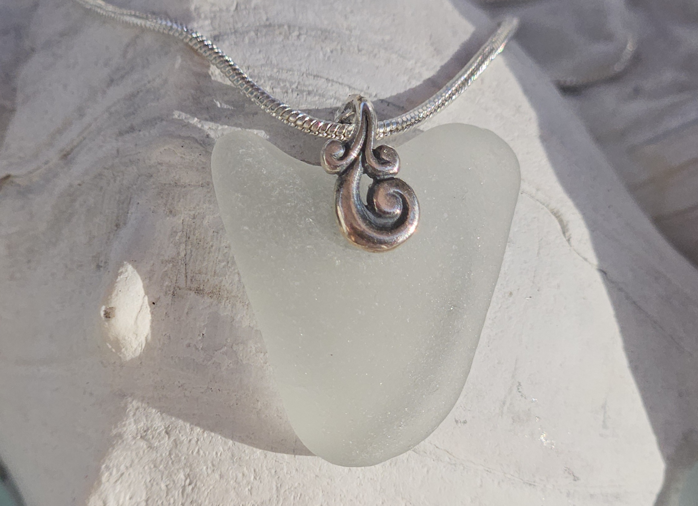 Whitish Grey Sea Glass Pendant with Silver Swirl Bail