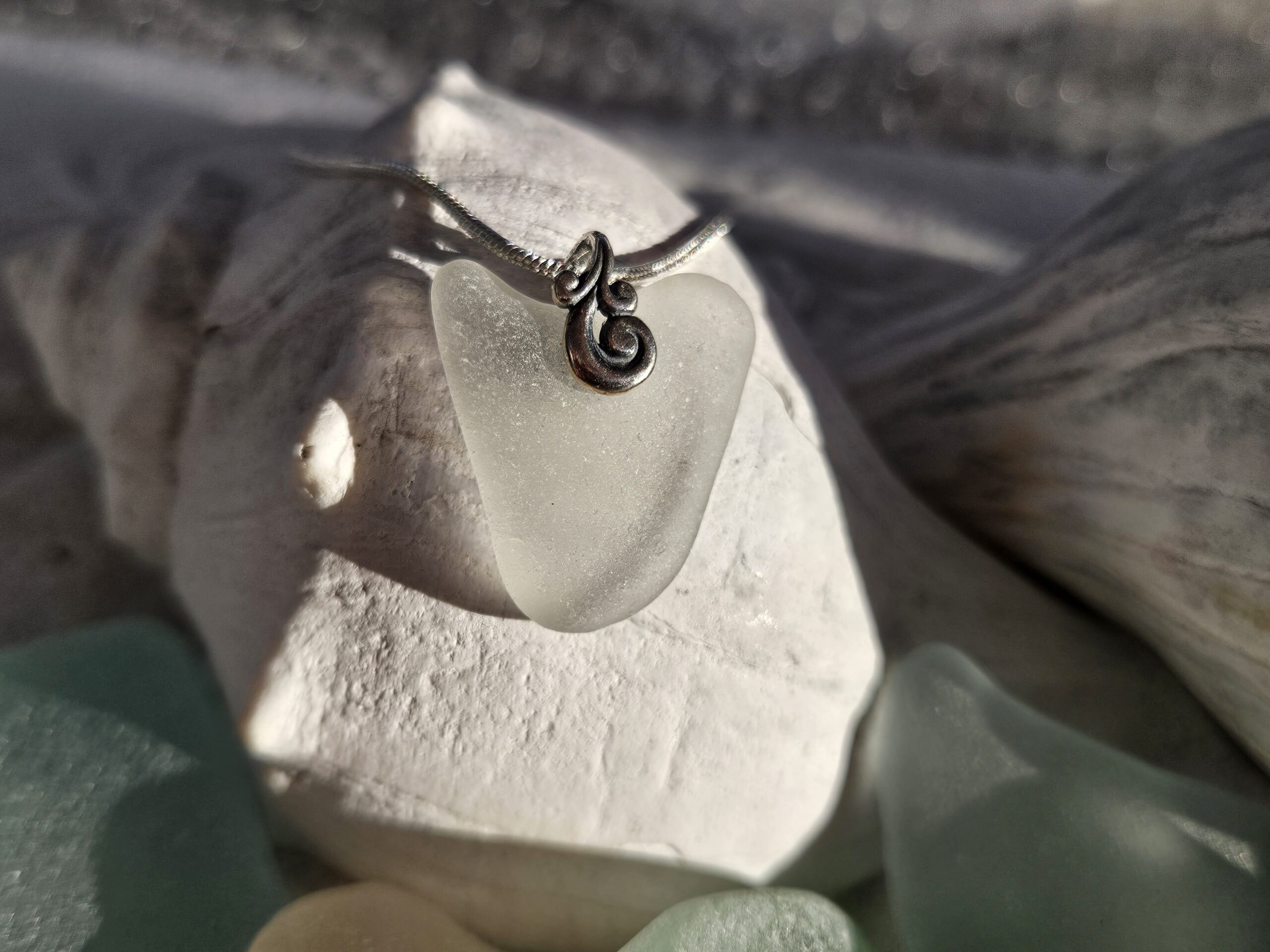 Whitish Grey Sea Glass Pendant with Silver Swirl Bail - Image 3