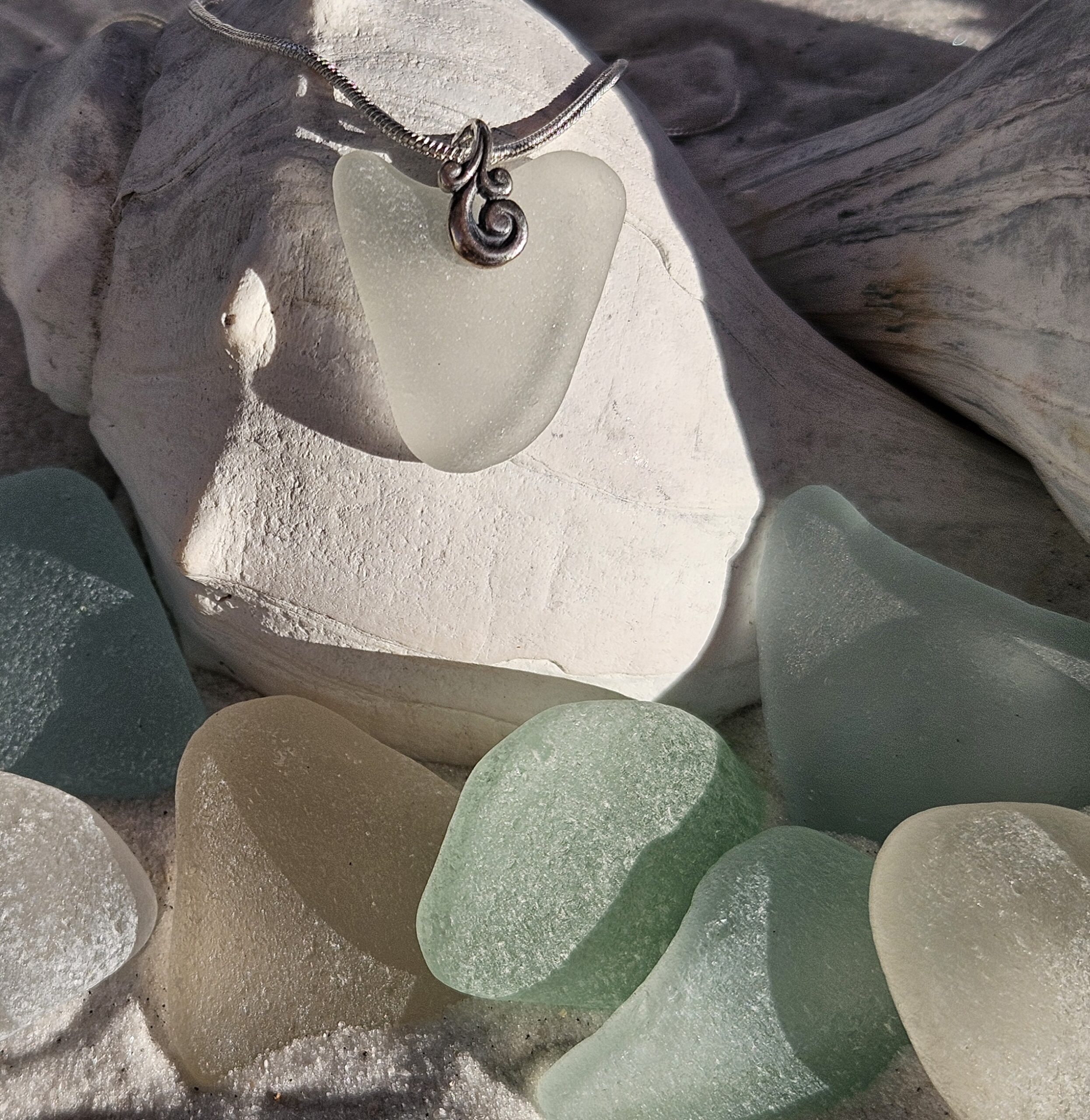 Whitish Grey Sea Glass Pendant with Silver Swirl Bail - Image 2